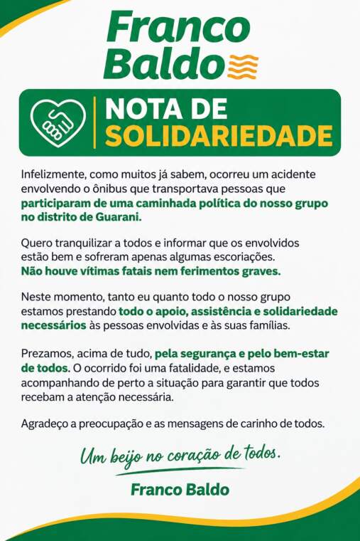 Grupo de Franco Baldo divulga nota após acidente com ônibus que seguia para caminhada política em Guarani